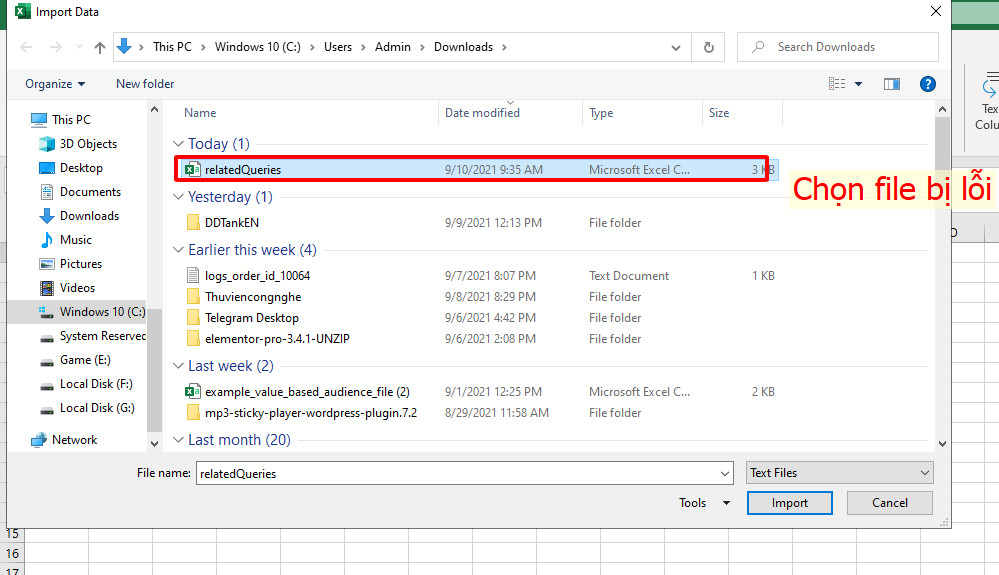 chọn file bị lỗi csv